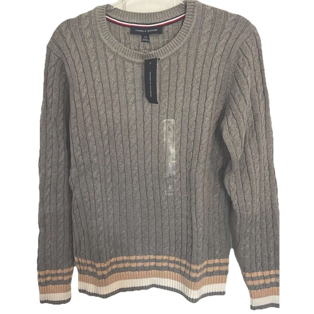 Tommy Hilfiger Womens Varsity Cable Knit Sweater Grey Striped Hem Preppy L NEW